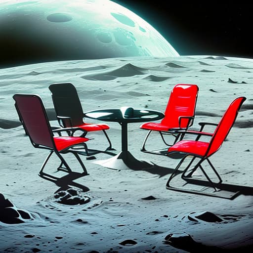  horizontally 3 red chairs in zero gravity hover on the moon, in the background is the planet earth, with a color image