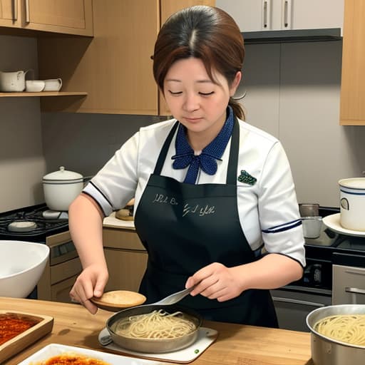  A woman is cooking, braised pork, noodles, rice,