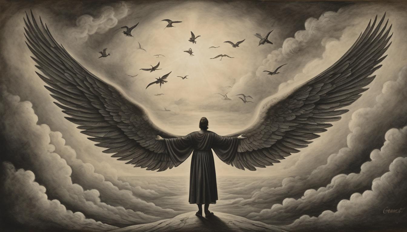  on parchment, surrealism++, figure soaring above ground, ethereal wings, crowd below watching in shock, moody dark clouds, sense of transcendent achievement(mysterious, provocative, symbolic)++