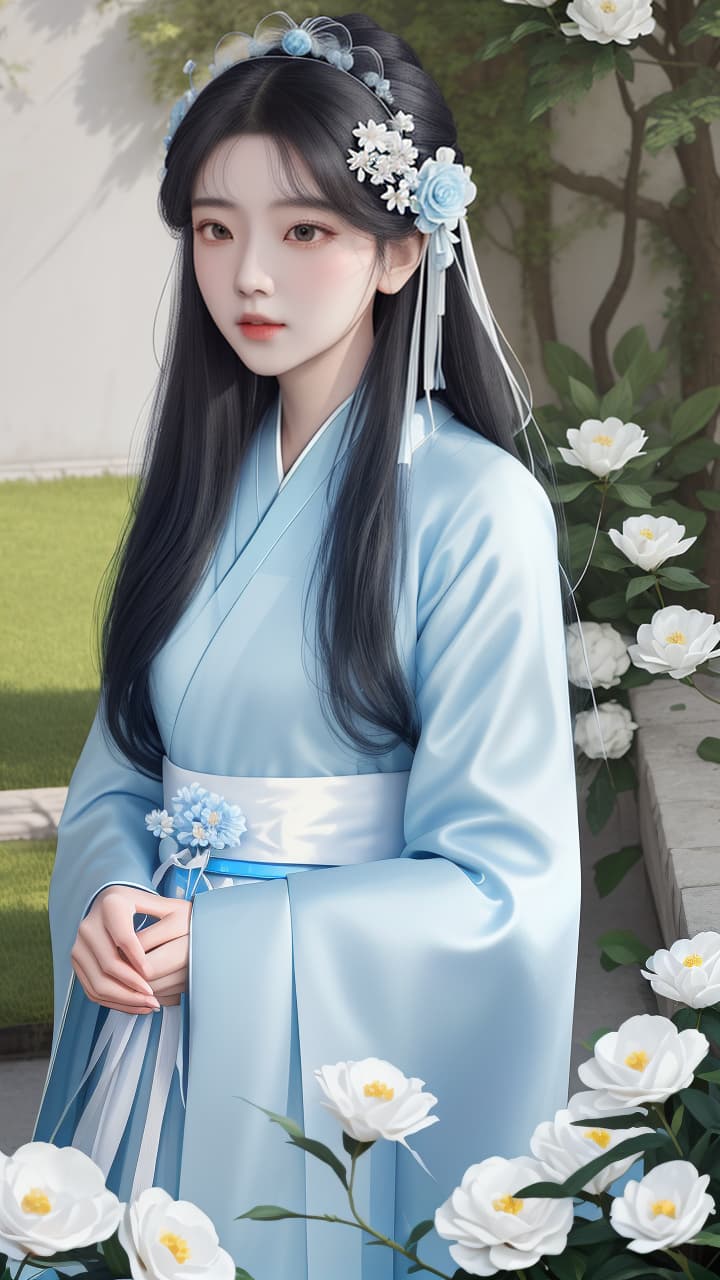  masterpiece, best quality, (fidelity: 1.4), best quality, masterpiece, ultra high resolution, poster, fantasy art, very detailed faces, 8k resolution, chinese style, an woman, side face, quiet, light blue hanfu, tulle coat, long black hair, light blue fringed hair ornament, hairpin, white ribbon, white flower bush, light blue butterfly flying, cinematic lighting effects