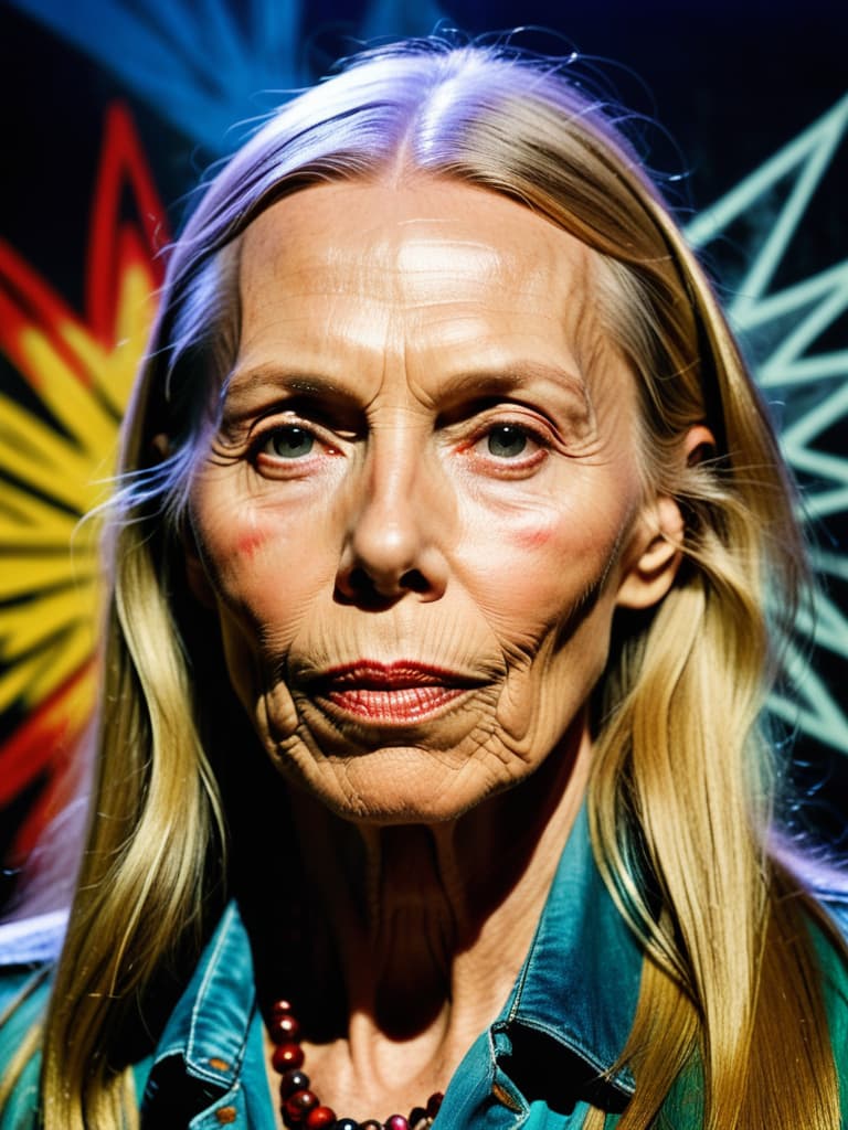  A younger Country singer Joni Mitchell, medium shot, upper body, spotlight, long exposure lighting, street art style spray paint, glamour lighting