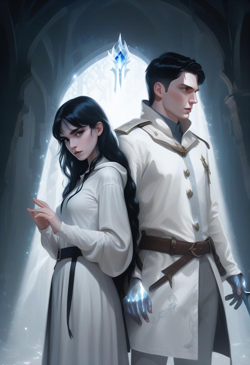  a girl and a man are standing in the center of the composition, back to back. the man is on the right, the girl is on the left. side view. the man is dressed in a white military dress uniform. the girl is dressed in black pants, a white shirt and a hooded cloak. the man has short black hair, the girl has long, slightly wavy black hair. the girl is holding a dagger in her left hand, her right hand is raised up in a magical gesture. the light falls from the upper right corner, the shadow of the man falls on the girl. the background is dark. a blue crystal glows on the girl's neck. fantasy. middle ages. pale skin, hkmagic