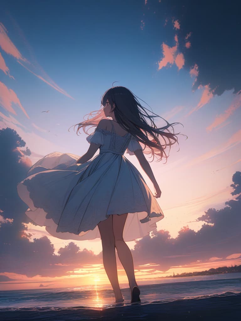  the whole body, the background is walking on the sea, the sandy beach, the woman looks back, the sky is in the evening sky, masterpiece, best quality,8k,ultra detailed,high resolution,an extremely delicate and beautiful,hyper detail