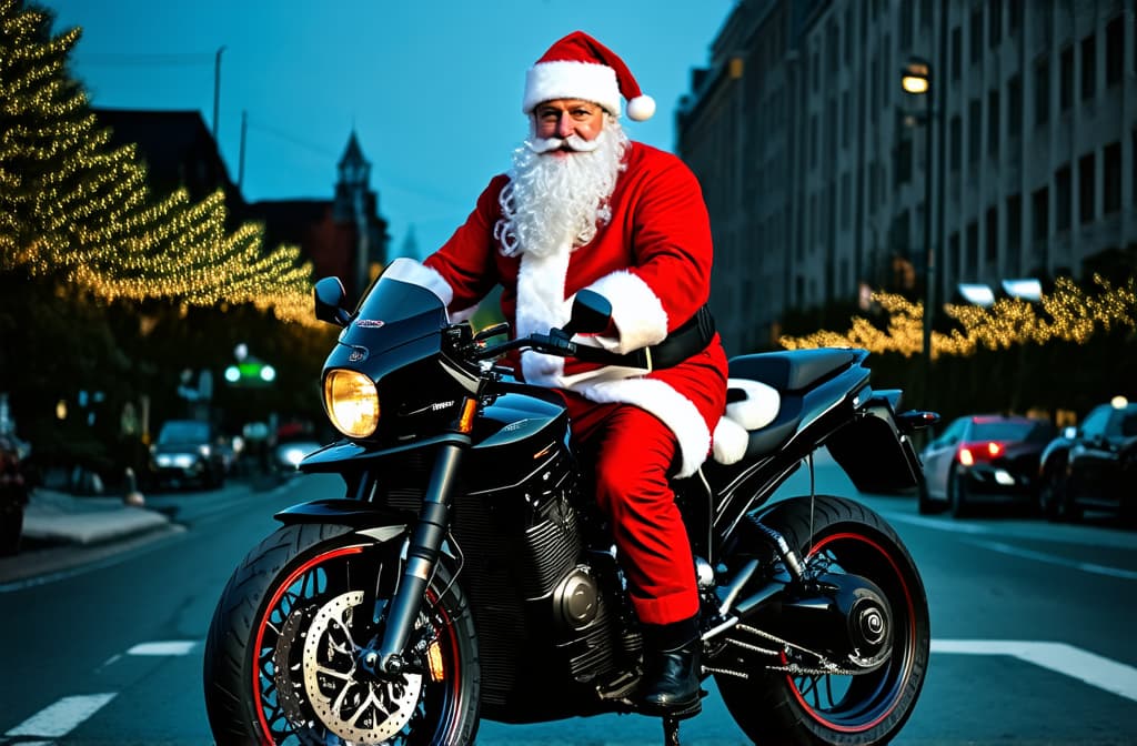  professional detailed photography, santa claus on a motorcycle ar 3:2, (muted colors, dim colors, soothing tones), (vsco:0.3)