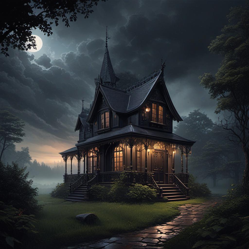  a small gothic victorian revival style cottage surrounded by a darkened cloudy sky in the noire woods., painting style