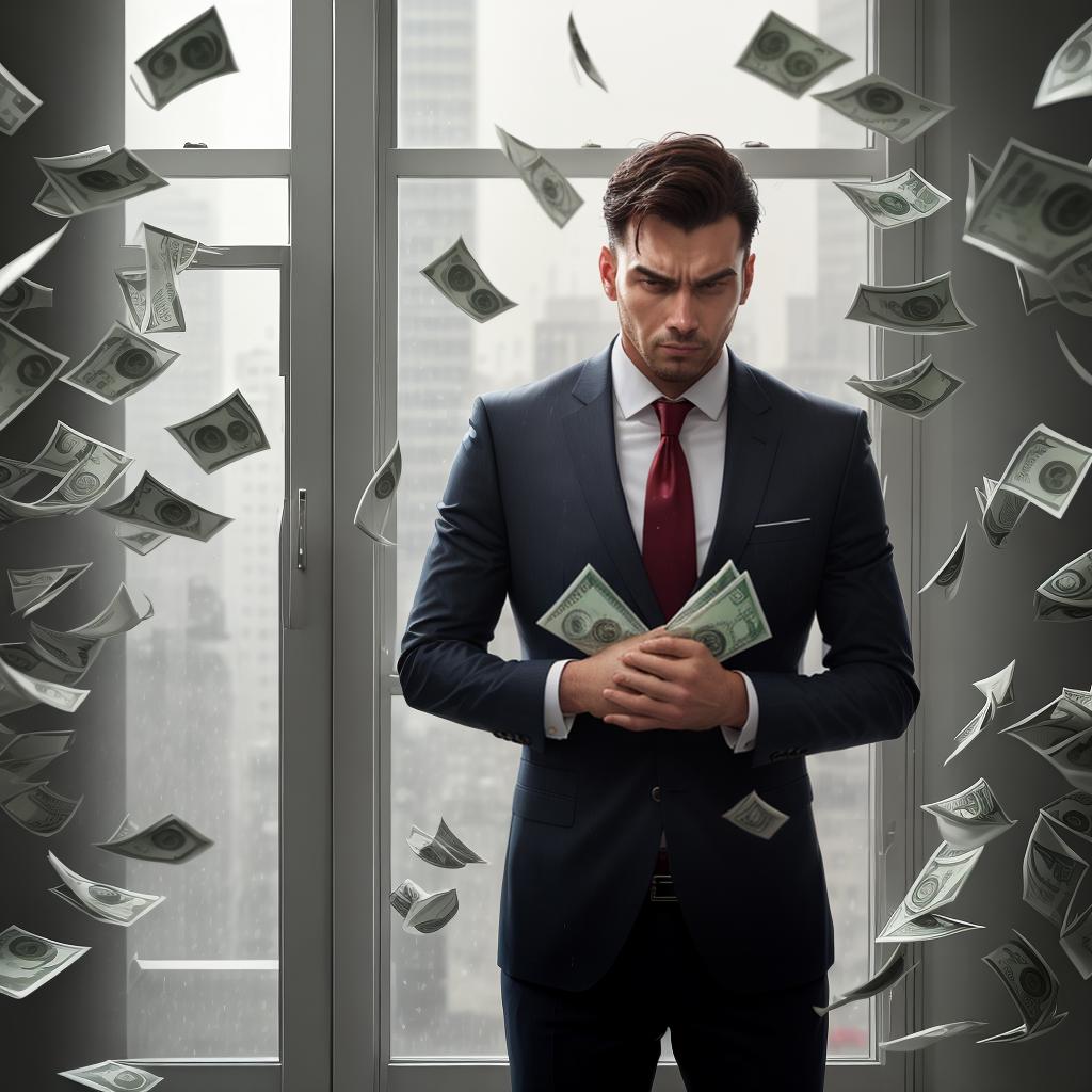  a men standing in front of window and alot of cash/money falling behind him like rain.