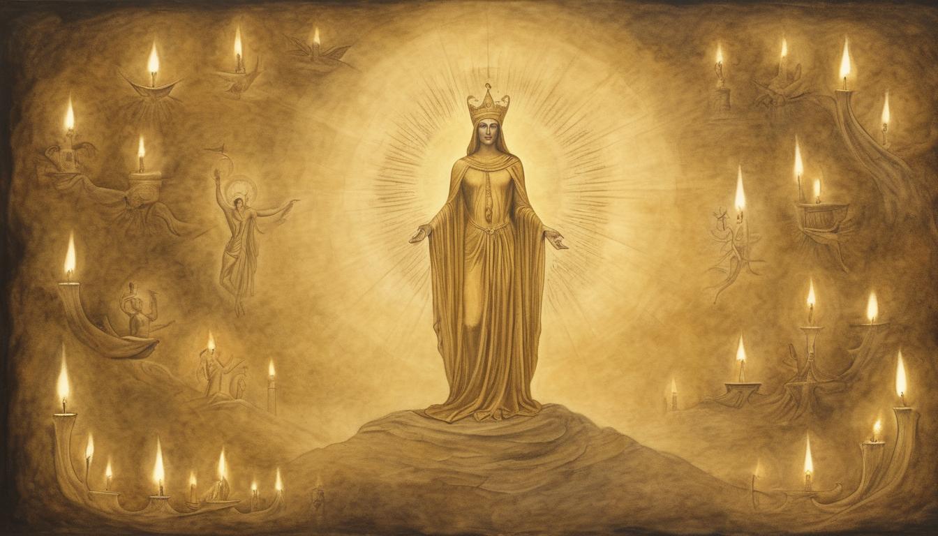  on parchment, surrealism++, golden divine figure speaking, glowing aura, votive candles surround, ethereal, serene(mysterious, provocative, symbolic)++