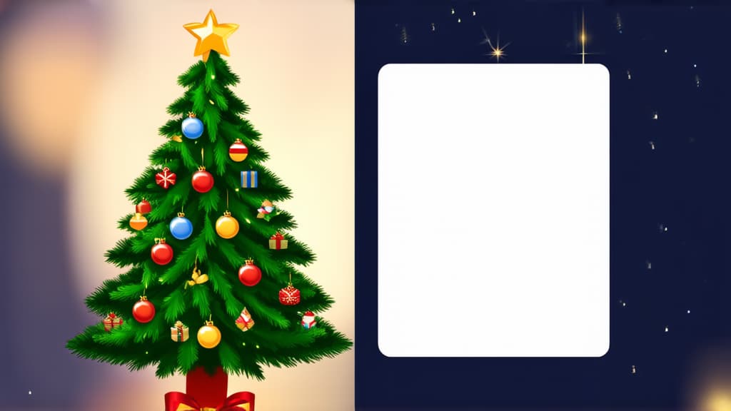  flat illustration, flaticon, (illustration:1.15), decorated christmas tree on a blurred background with space for text on the right ar 16:9, [cory loftis, strobist, pascal campion :: 0.2]