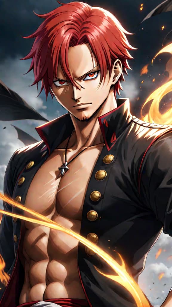  anime art: red haired shanks from one piece splits heavens with powerful haki. hyperrealistic, full body, detailed clothing, highly detailed, cinematic lighting, stunningly beautiful, intricate, sharp focus, f/1. 8, 85mm, (centered image composition), (professionally color graded), ((bright soft diffused light)), volumetric fog, trending on instagram, trending on tumblr, HDR 4K, 8K