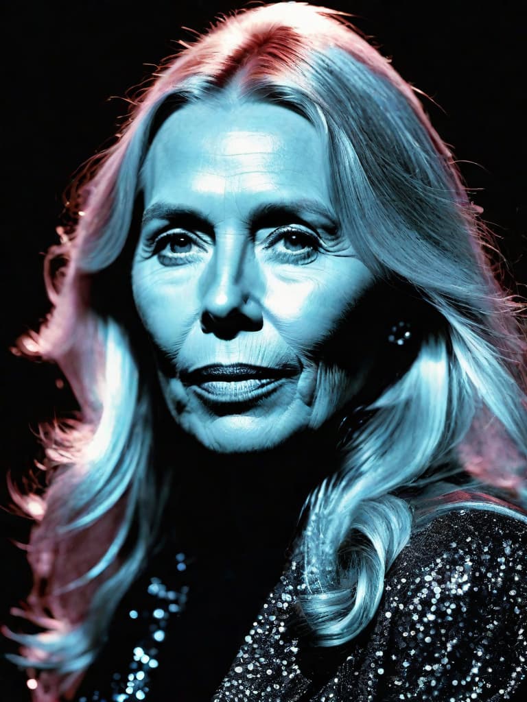  A younger Country singer Joni Mitchell, medium shot, upper body, spotlight, long exposure lighting, street art style spray paint, glamour lighting