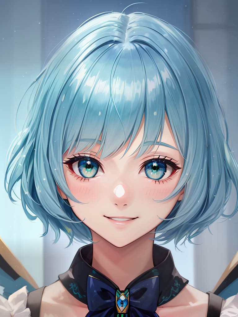  (フルバング:1.4),ultra detailed,blue hair,smile,close up,best quality,bob hair,masterpiece,,from front,green eyes,