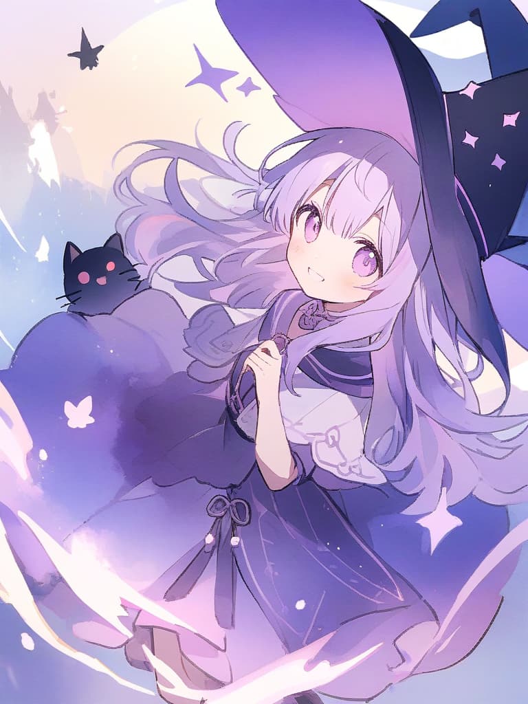  (pastel color: 1.5), (cute illustration: 1.5), (watercolor painting: 1.2), 1 youth full body subian, purple themed witch, magic, fantasy, witch hat , chinese, light purple hair, magical world, purple witch clothes, black spiders, happiness, smile, the best smile e, black and purple motif, black cat