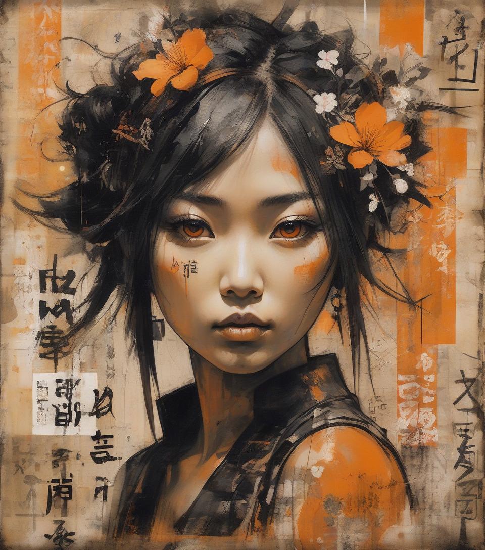  asian woman, beautiful face, black and orange color tones, wabi sabi art, abstract , punk collage , urbanpunk, flowerpunk, random textures, random graffiti strokes, kanji characters, surreal artwork, impermanence