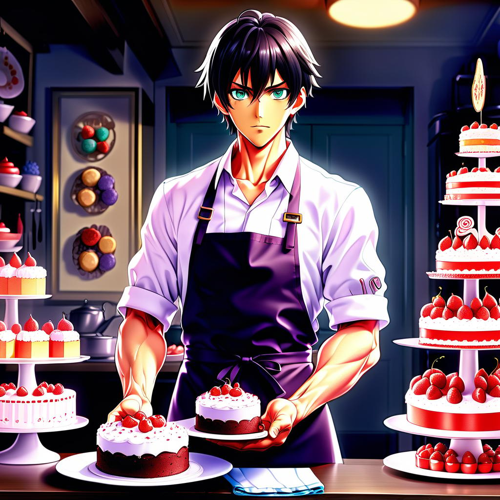  anime artwork the guy, dark haired, in an apron, holding a cake in his hands, with cakes behind him . anime style, key visual, vibrant, studio anime, highly detailed