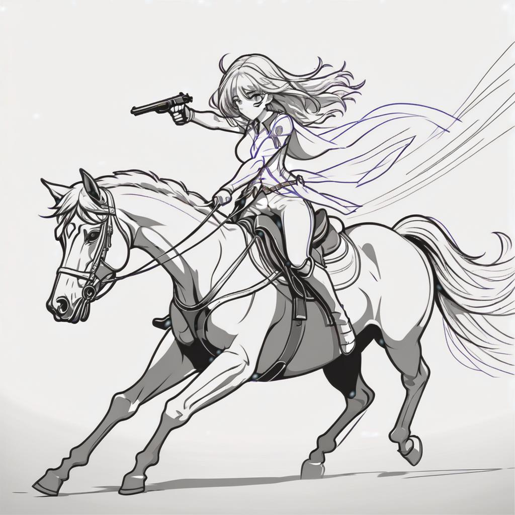  line art drawing his arms girl shooting on horse, same nightmare. anime style . professional, sleek, modern, minimalist, graphic, line art, vector graphics