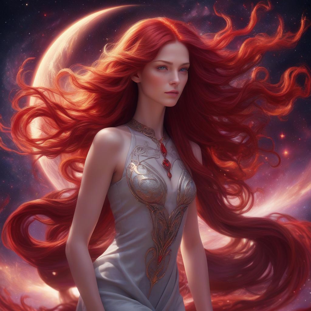  serene woman, long **crimson red hair** merging into cosmic winds, symbolizes aries, calm and bold expression, soft luminous skin, cosmic sky background, **deep red and black hues** with swirling galaxies, mystical atmosphere, eyes with a powerful, daring glow, hidden strength, courage, **crimson and black tones** in clothing, and **red light** illumination, 4k digital artwork, ultra realistic, high definition.