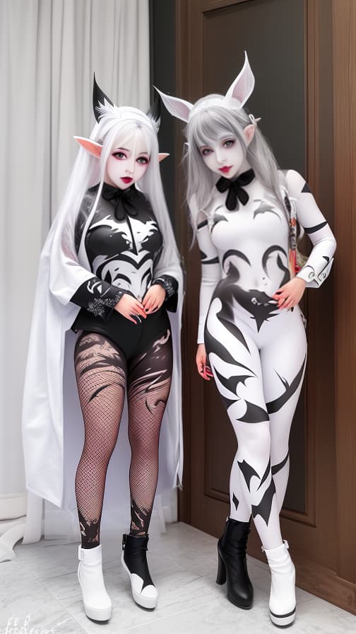  White and Blark bat pattern body paint in every corner of the body, White body paint all over the body, Grey face paint on the face, Two elfs, full body image 女性