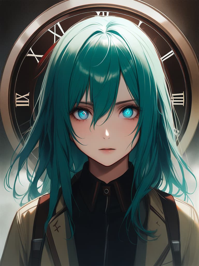  1girl,green hair,(((in your eyes the clock is ticking:1.5))),realistic