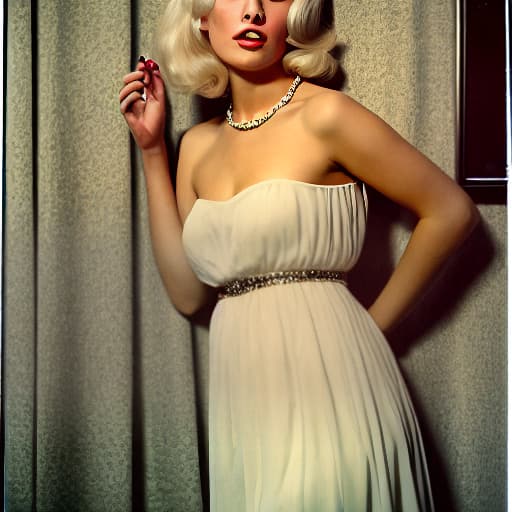  A beautiful blonde woman, very detailed, photorealistic, wearing a chiffon dress, wearing a single strand of pearls, 8K, UD, 200mm Hasselblad, Kodachrome, high heels, stockings