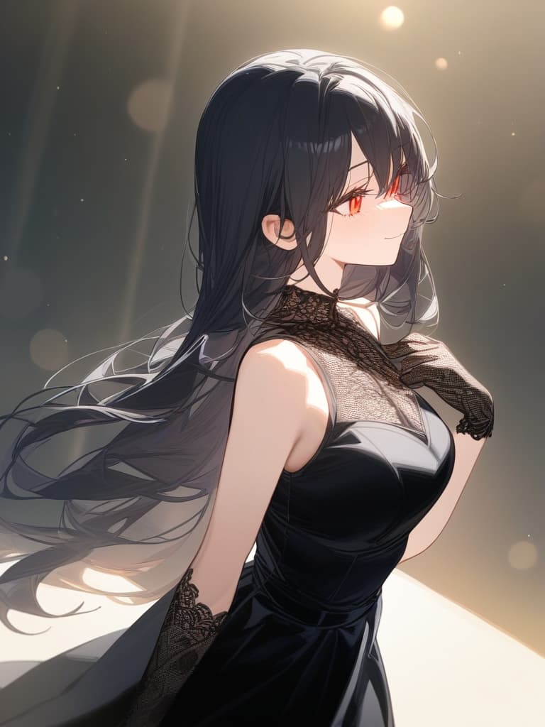  masterpiece,1girl,black hair,red eyes,long hair,slender,black dress,dress head,lace gloves,black lace,light smile