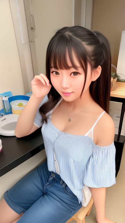  部屋で濃い青色のＶネックセーターを着た茶髪セミストレートロングの女性の驚いた顔