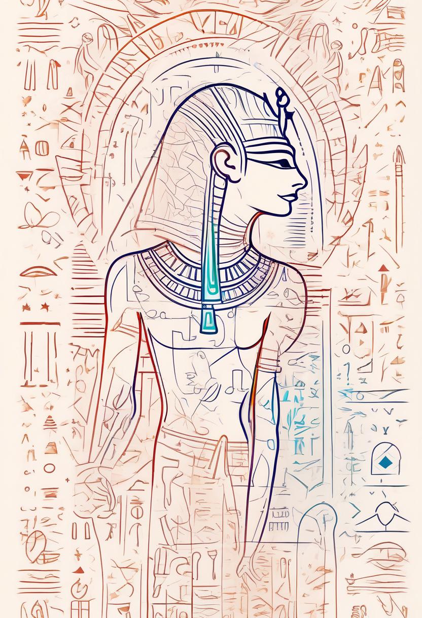  line art drawing bright egyptian hieroglyphs fractal glossy bright multicolored ink sketch shiny outlines, thin contour line coloring, thin line, multicolor line, outlines of a silhouette of a egiptian girl made of egyptian hieroglyphs, (white color egyptian hieroglyphs:1.4), that float around him, flying clocks, on parchment background, style of jean delville, art in minimalist style, linear icons, (linear icon:1.5), line ilustration, . professional, sleek, modern, minimalist, graphic, line art, vector graphics