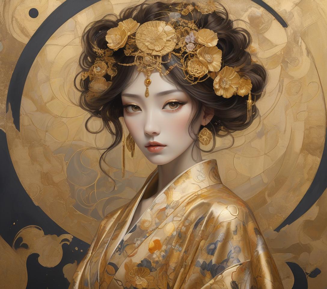  concept art a mystical artwork with a female figure adorned with floral headpiece and golden attire, exuding an ethereal, otherworldly charm. imagine an intricately detailed image of a steampunk geisha, her vivid eyes with a dreaming look sparkle beneath long lashes. she is dressed in a gossamer silk kimono, embodying high contrast and decorative designs reminiscent of the art deco era. the portrait seamlessly integrates a mixed media collage approach for added dimension and texture. it pays homage to the flat, decorative patterns and vivid, unnatural colors championed by the symbolist movement (gustav klimt) and pre raphaelite (botticelli) artists, rendered with the depth and richness of oil painting. elements of kintsugi, using gold and 