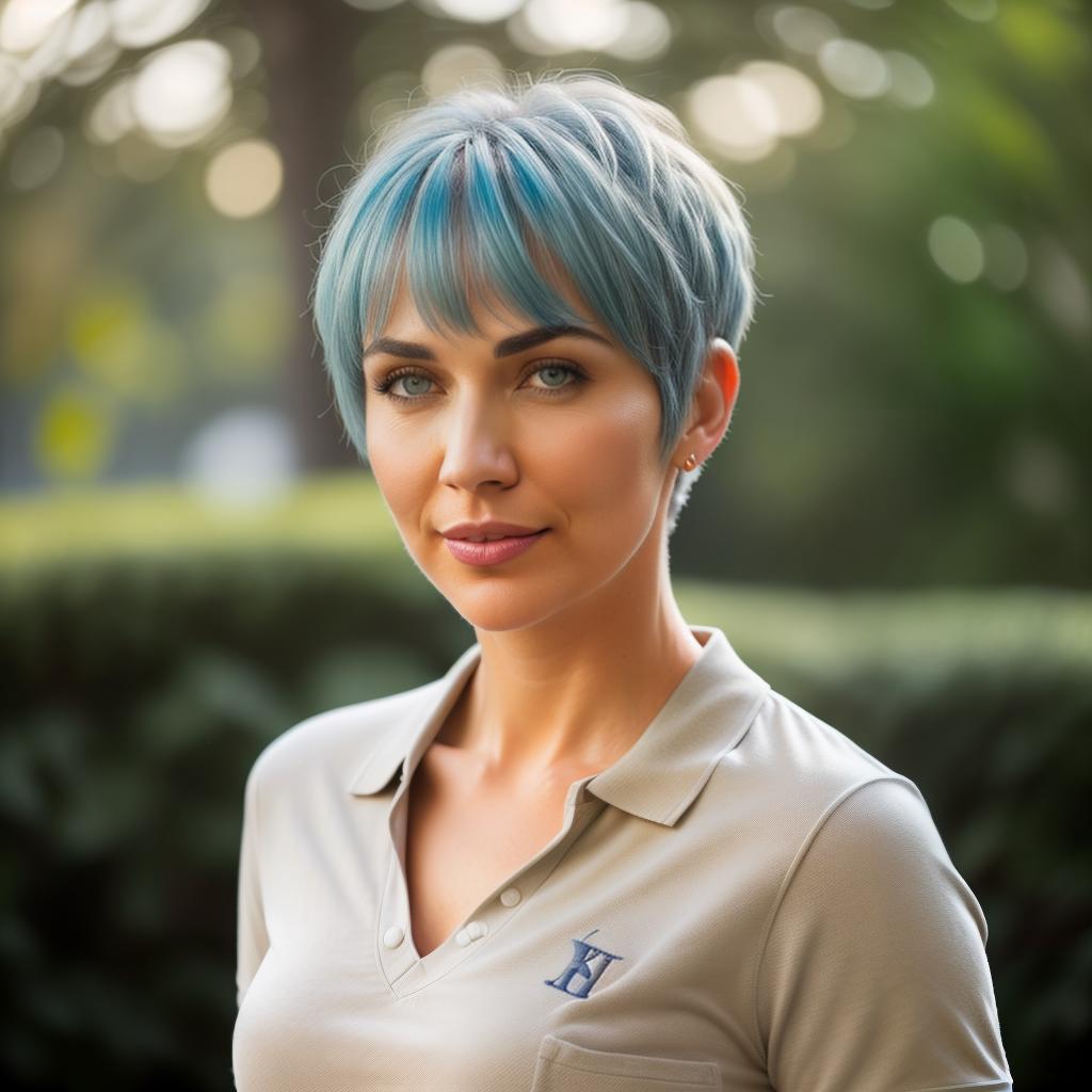  (((realistic full torso frontal head shot of a light beige to medium tan skin tone woman))), kerstin anna schmidt, ((caucasian heritage)), immature face, blue eye color, ((pixie cut hair style)), ((blue hair color)), (( body type)), small size, fat size, (immature flat nose), (immature defined cheekbones), (immature angular jawline), (immature full lips), (immature wide forehead), (immature even eyebrows), (immature dimpled chin), standing straight looking directly into the camera,((wearing fitted polo shirt with deep v neck and monogrammed pocket)), backyard in background, 1girl, best quality, highest quality, award winning photo, masterpiece, raw, professional photography, photorealism, sharp focus, cinematic, high  hyperrealistic, full body, detailed clothing, highly detailed, cinematic lighting, stunningly beautiful, intricate, sharp focus, f/1. 8, 85mm, (centered image composition), (professionally color graded), ((bright soft diffused light)), volumetric fog, trending on instagram, trending on tumblr, HDR 4K, 8K