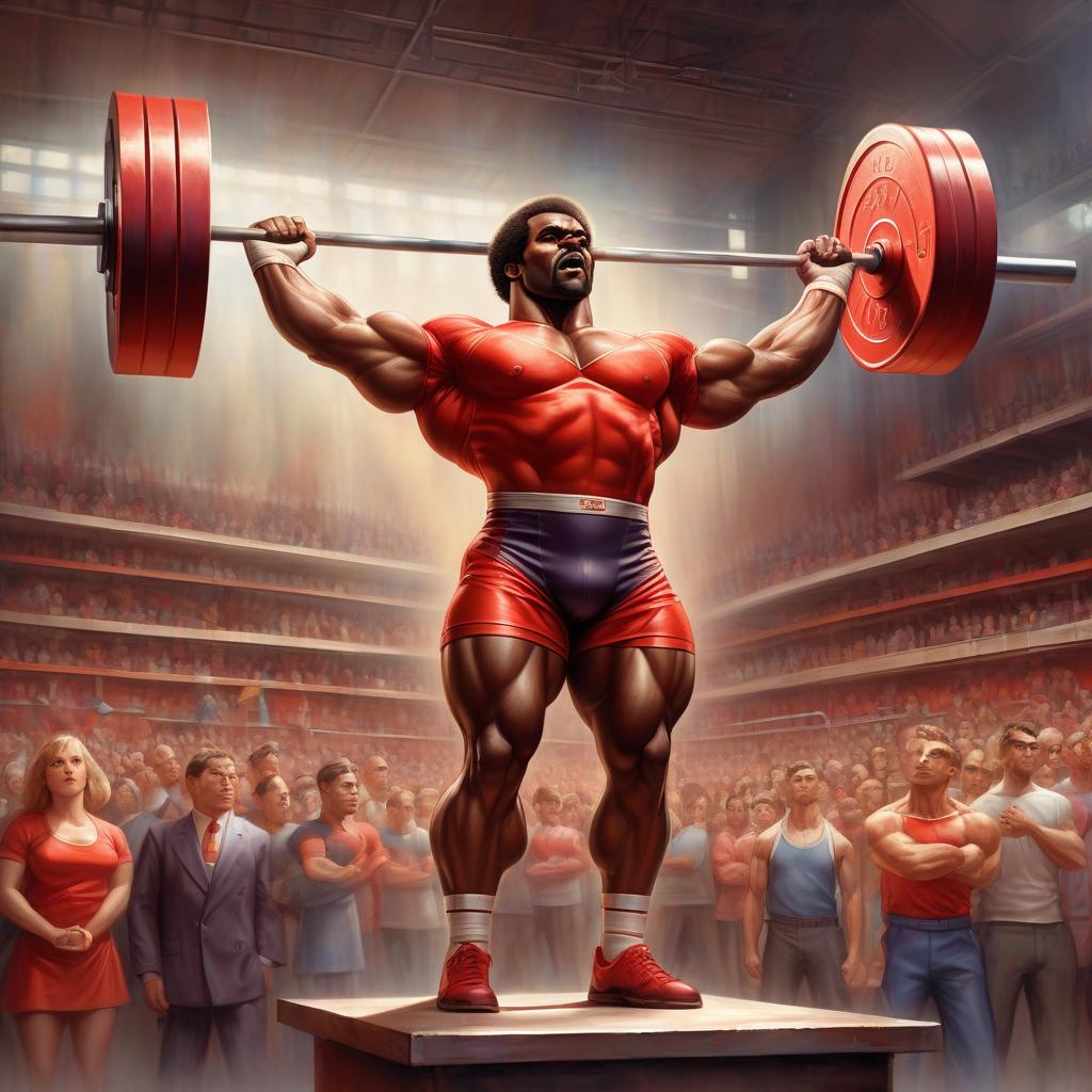  retro game art athlete weightlifter lifts the bar to the full height, on outstretched arms, a strong torso, a powerful physique, around the platform spectators, detailed drawing of the body, faces, negroid race, red t shirt, painting, oil, blur, photorealism, 16k. . 16 bit, vibrant colors, pixelated, nostalgic, charming, fun