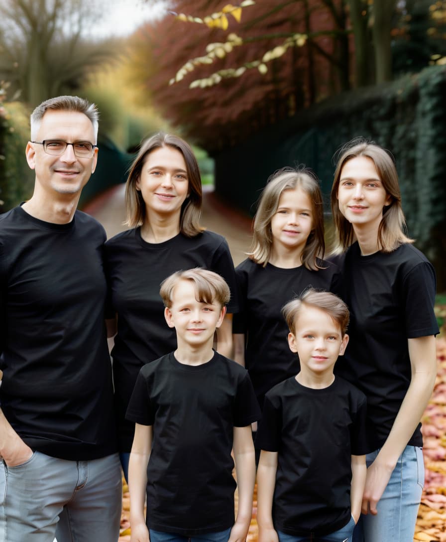  family photo shoot in autumn in black t shirts, high detail, high quality, realism, film photography style