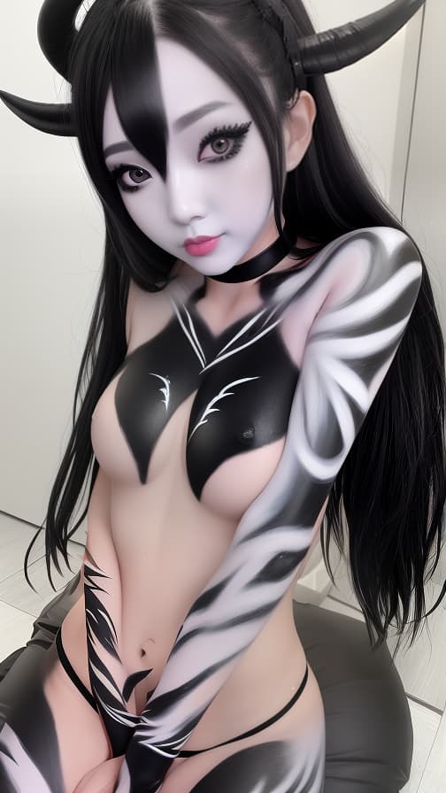  Black and White flame pattern body paint in every corner of the whole body, blue body paint full body, Grey face paint on the face, two succubus sisters, full body image 女性