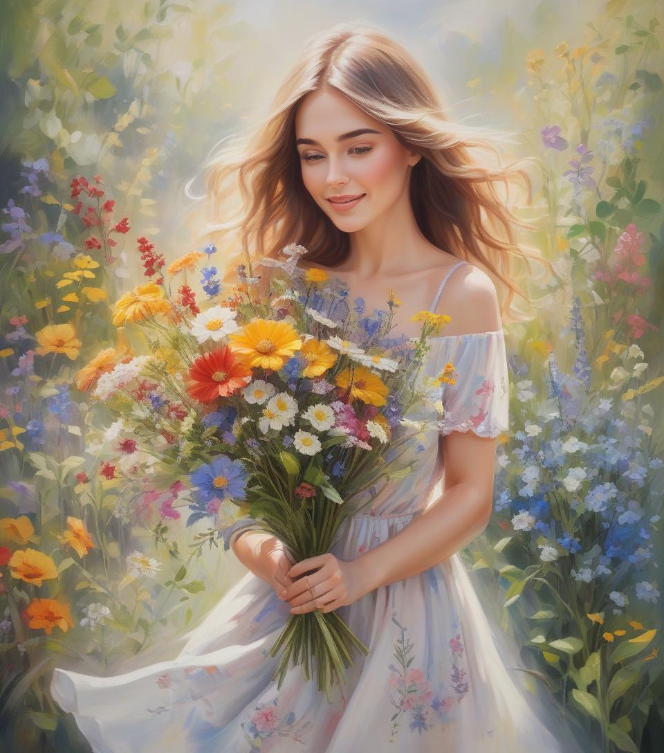  garden wonders, beautiful woman holding a bouquet of wild flowers to her face, detailed summer garden background, wearing a summer dress, perfect face, delicate face, vivid colors, happiness, oil painting, expressive brushwork, highly detailed, delicate details