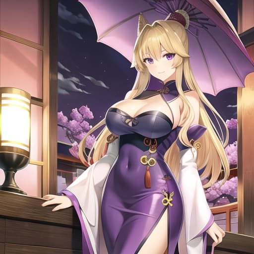  master piece , best quality,yakumo murasaki, tall, sharp eyes, purple eyes, blond hair, night cap, parasol, purple chinese dress.