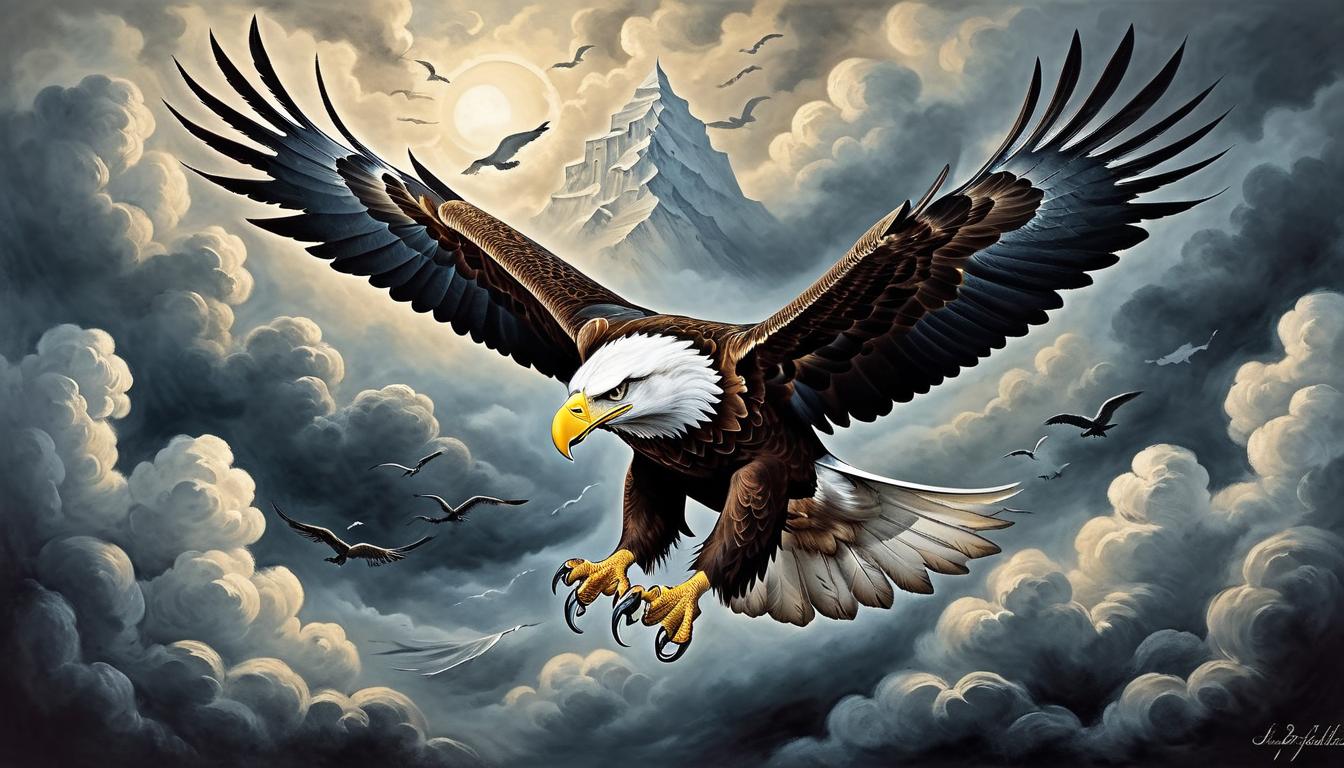  on parchment, surrealism+++, a majestic eagle soaring above dark clouds, eyes fierce, claws sharp, catching the wind, symbol of power and clarity, dynamic, unwavering focus(mysterious, provocative, symbolic,muted color)+++