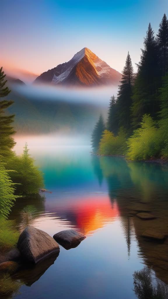  a breathtaking sunrise over a serene mountain lake, with vibrant colors reflecting off the water and mist gently rising