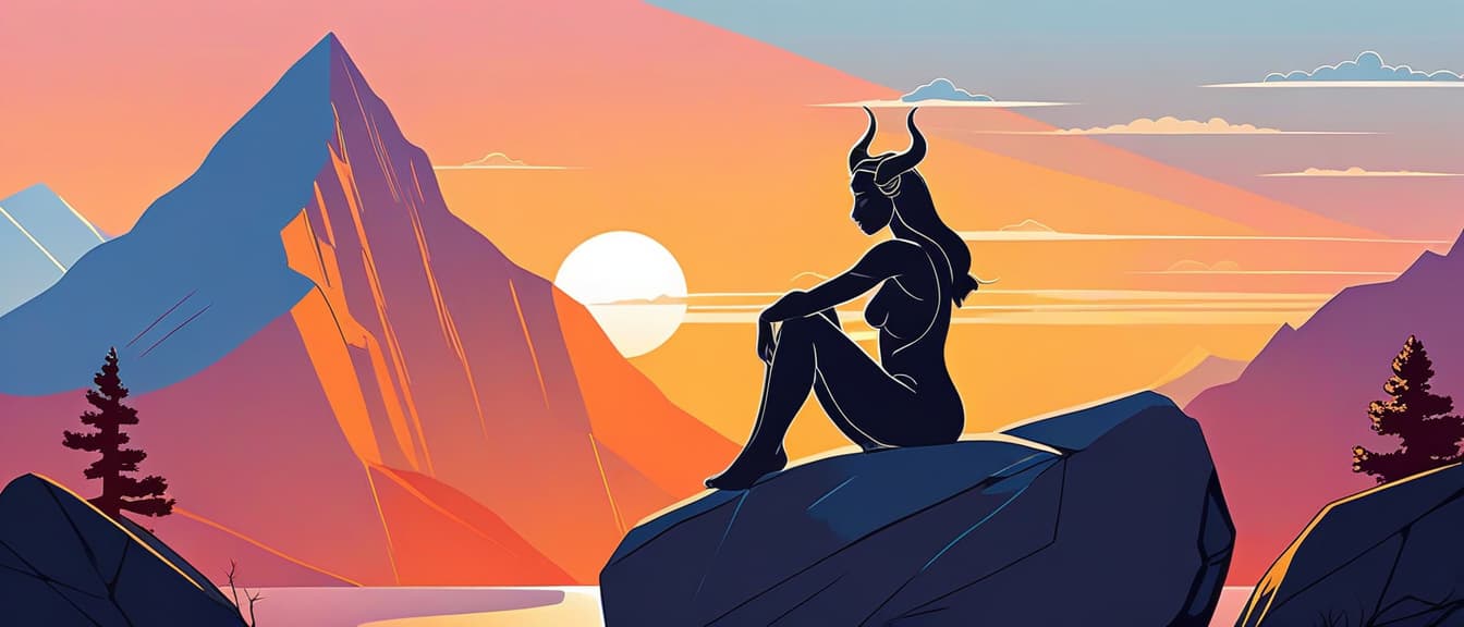  minimalism, draw a girl minotaur sitting on the rock in the mountains and looking into sunset., abstract, simple geometic shapes, hard edges, sleek contours, minimalism