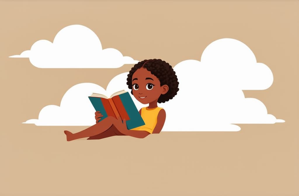  flat illustration, flaticon, (illustration:1.15), literary fan young african girl in the sky on a cloud reading a book. funny, abstract cartoon people on beige. 3d rendering. ar 3:2, [cory loftis, strobist, pascal campion :: 0.2]