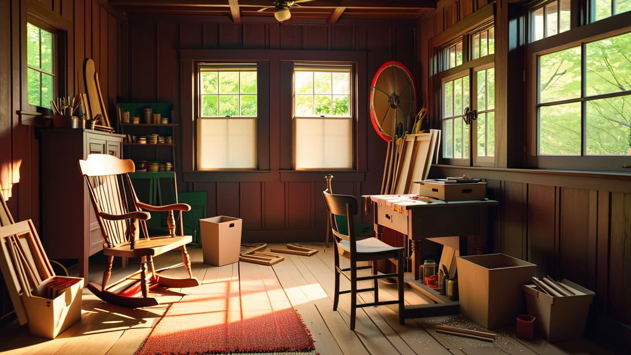  a serene workshop with various woodworking tools, sawdust on the floor, a half finished wooden chair, sunlight streaming through a window, and a craftsman focused on his project, surrounded by wood planks and shavings. hyperrealistic, full body, detailed clothing, highly detailed, cinematic lighting, stunningly beautiful, intricate, sharp focus, f/1. 8, 85mm, (centered image composition), (professionally color graded), ((bright soft diffused light)), volumetric fog, trending on instagram, trending on tumblr, HDR 4K, 8K