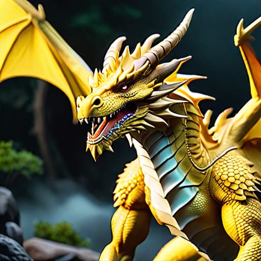  beautiful Yellow dragon hyperrealistic, full body, detailed clothing, highly detailed, cinematic lighting, stunningly beautiful, intricate, sharp focus, f/1. 8, 85mm, (centered image composition), (professionally color graded), ((bright soft diffused light)), volumetric fog, trending on instagram, trending on tumblr, HDR 4K, 8K