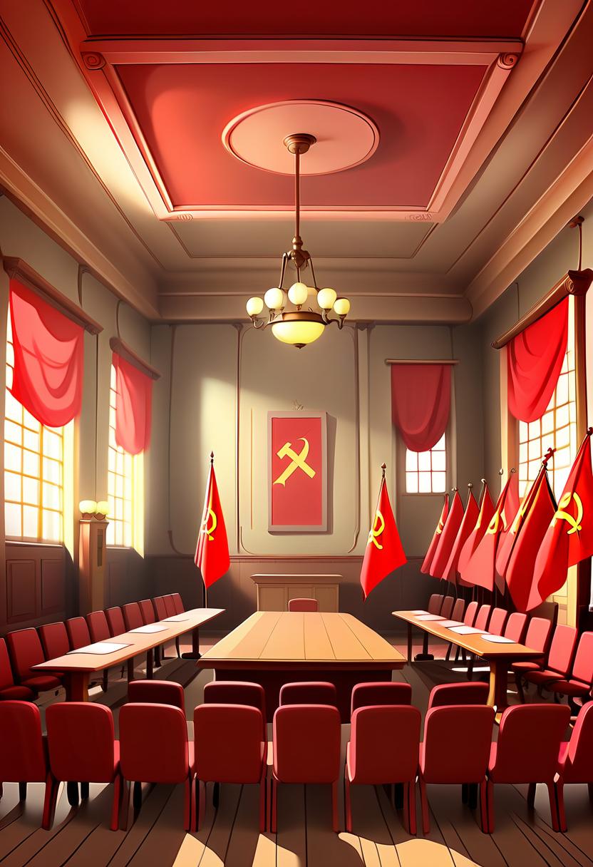  renaissance style a meeting room with empty seats, red communist flags on walls (cel shading, vintage anime:1.25) . realistic, perspective, light and shadow, religious or mythological themes, highly detailed