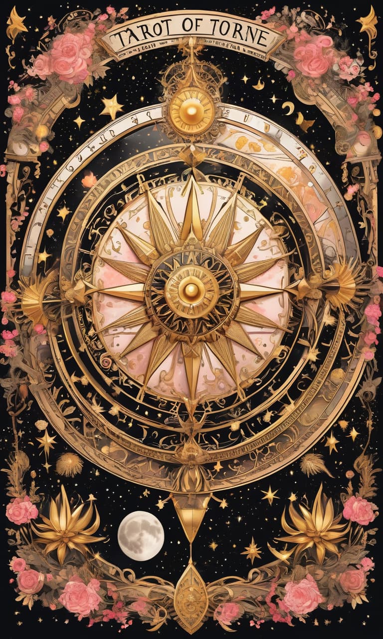  concept art pink, gold, black, white tarot wheel of fortune everywhere stars, moon, sun . digital artwork, illustrative, painterly, matte painting, highly detailed, perfect hands