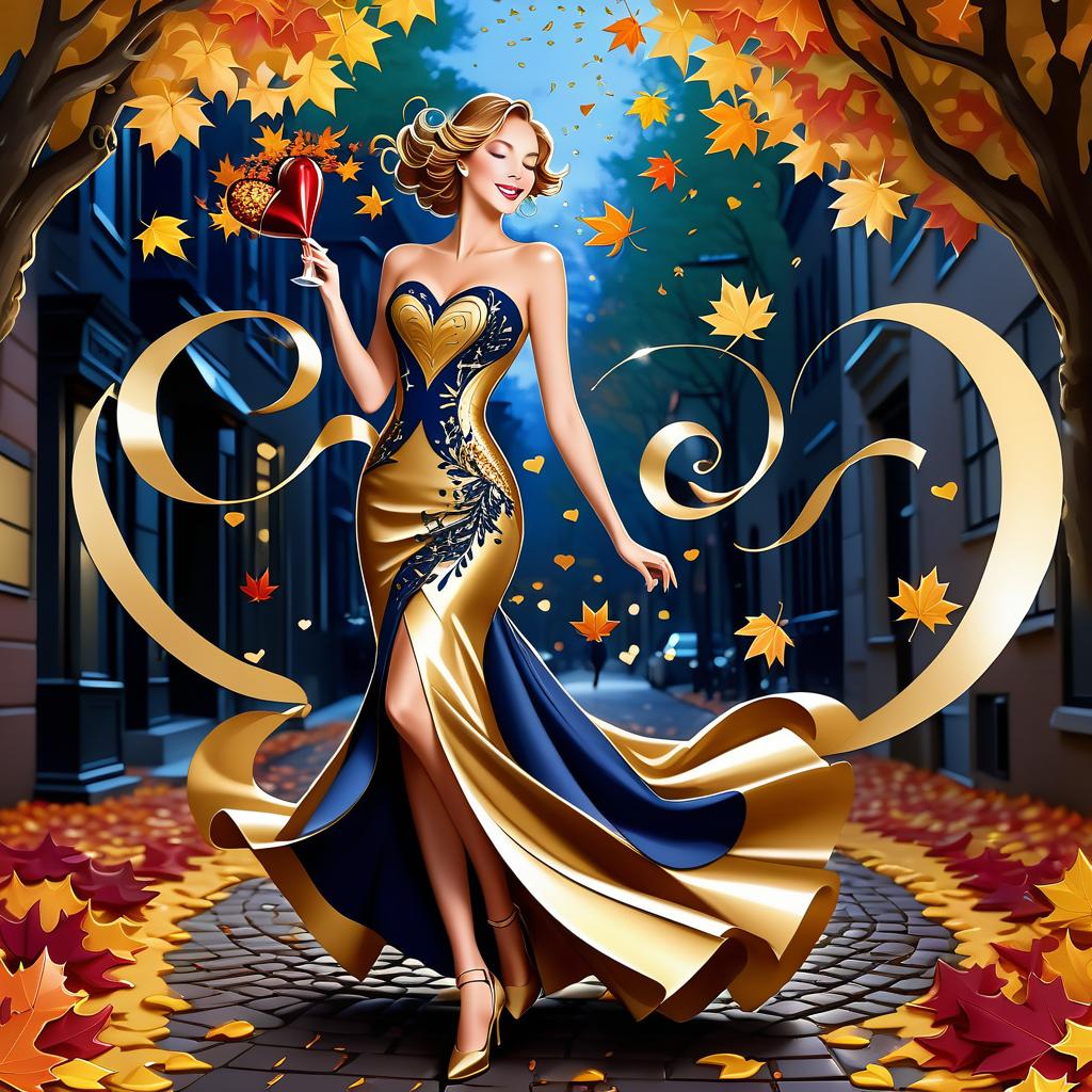  luxury product style on a carpet of yellow leaves in a simple dress of wind given crepe autumn danced a waltz boston in an alleyway. the warm day flew away and the saxophone sang hoarsely. (background of the card): falling autumn leaves, a whirlwind of autumn leaves, wind saxophone, ((a box of chocolates, the inscription "autumn waltz")) , a greeting card. (heart), a beautiful figure made of contours in the shape of a heart. (heart colour): night sky background, stars, gold pattern. (style):fantasy, autumn art, autumn romance. (colours):gold, green gold, navy blue, red, red gold, brown gold, silver, golden blue, bluish blue, dark blue on gold . elegant, sophisticated, high end, luxurious, professional, highly detailed