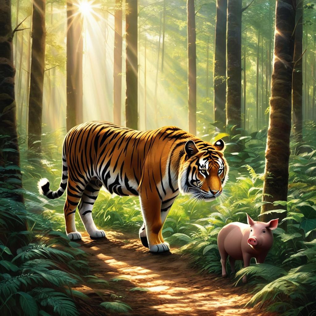  there was a tiger and a pig and a horse in a picture of a forest with sunlight. lovely style。, award winning, professional, highly detailed, masterpiece