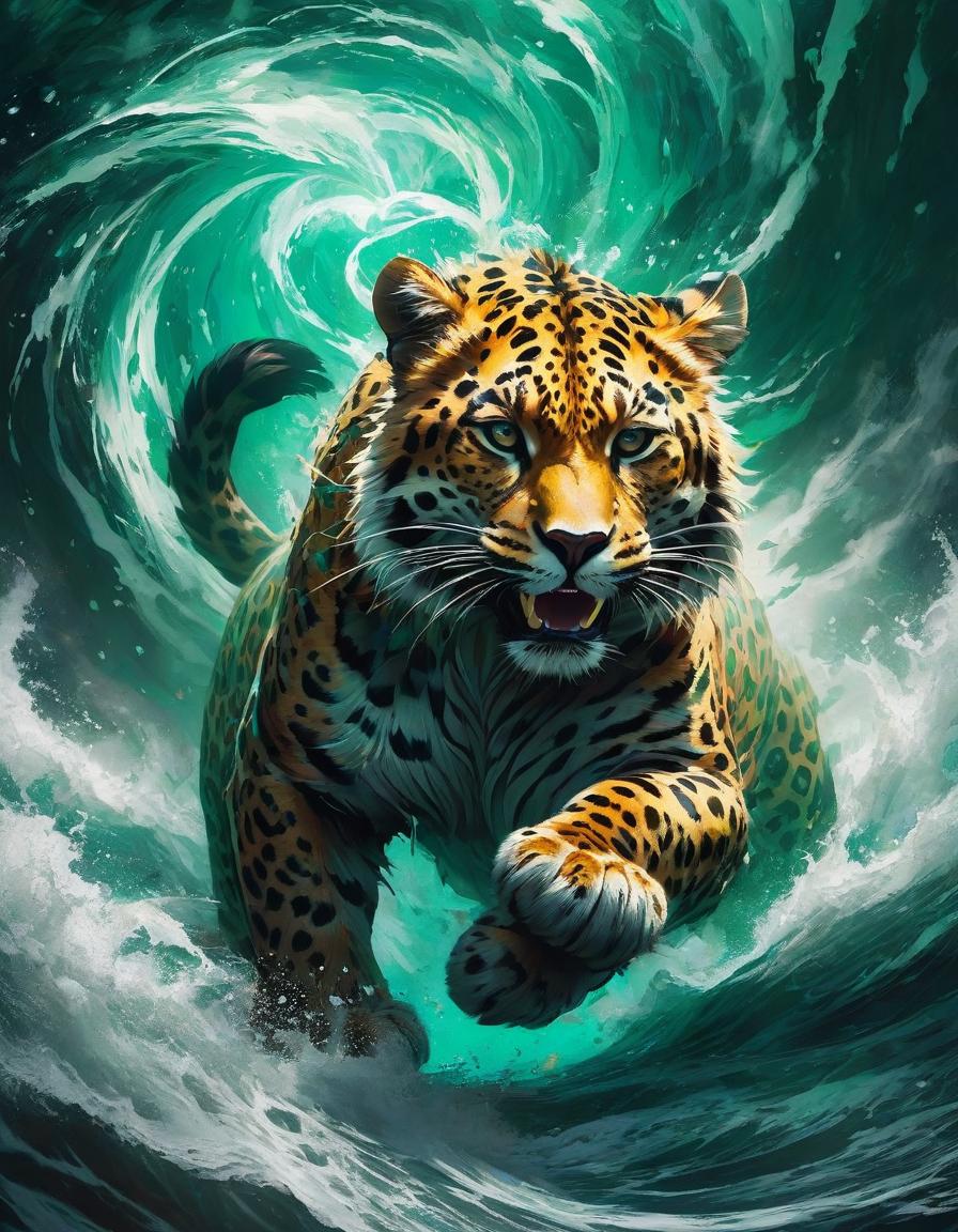  fantasy card art style | fierce leopard creature swirling air and typhoons | abstract swirling background of rich browns and vivid greens | vertical composition | dramatic, vivid lighting | heavy tides; elemental powers; majestic pose; ethereal atmosphere; dynamic movement