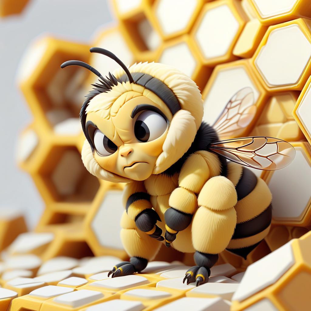  low poly style cute fluffy bee sitting on honeycomb, white background . low poly game art, polygon mesh, jagged, blocky, wireframe edges, centered composition, sticker