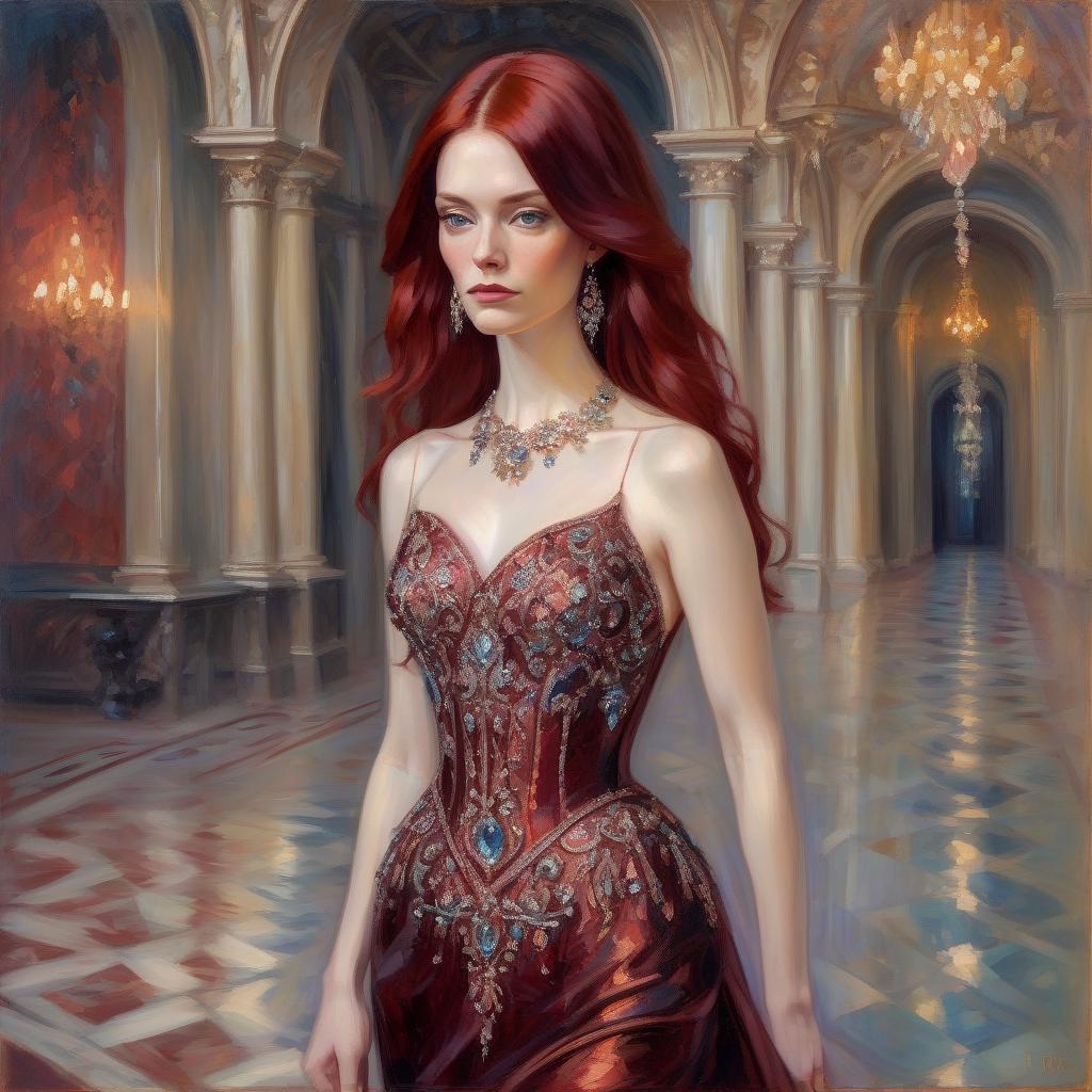  dark red haired woman, bejeweled ornate iridescent gown, elegant gothic style palace, oil painting, impressionist style