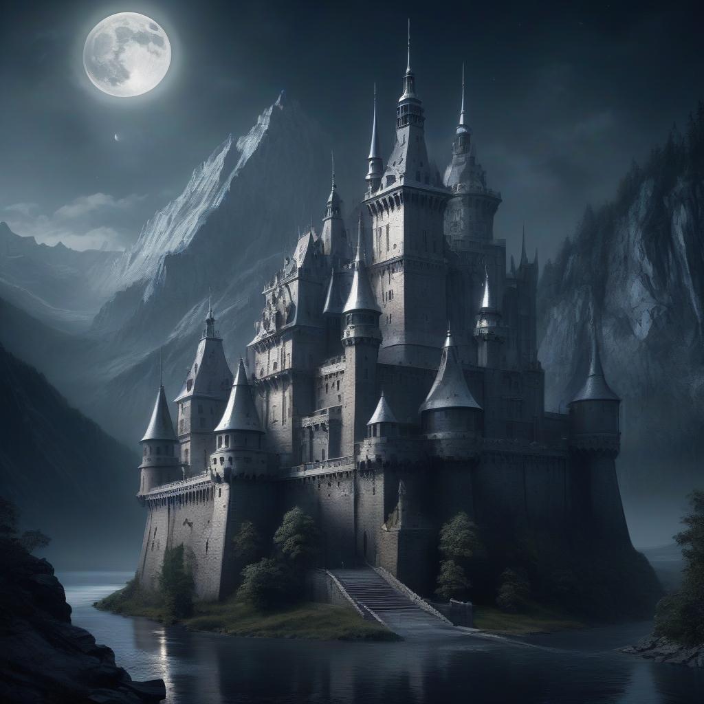  iron castle. there is a moat in front of the castle. a castle in the mountains. a gloomy castle. baroque, rococo, cyberpunk. moon. moonlight. big moon. silver rays.