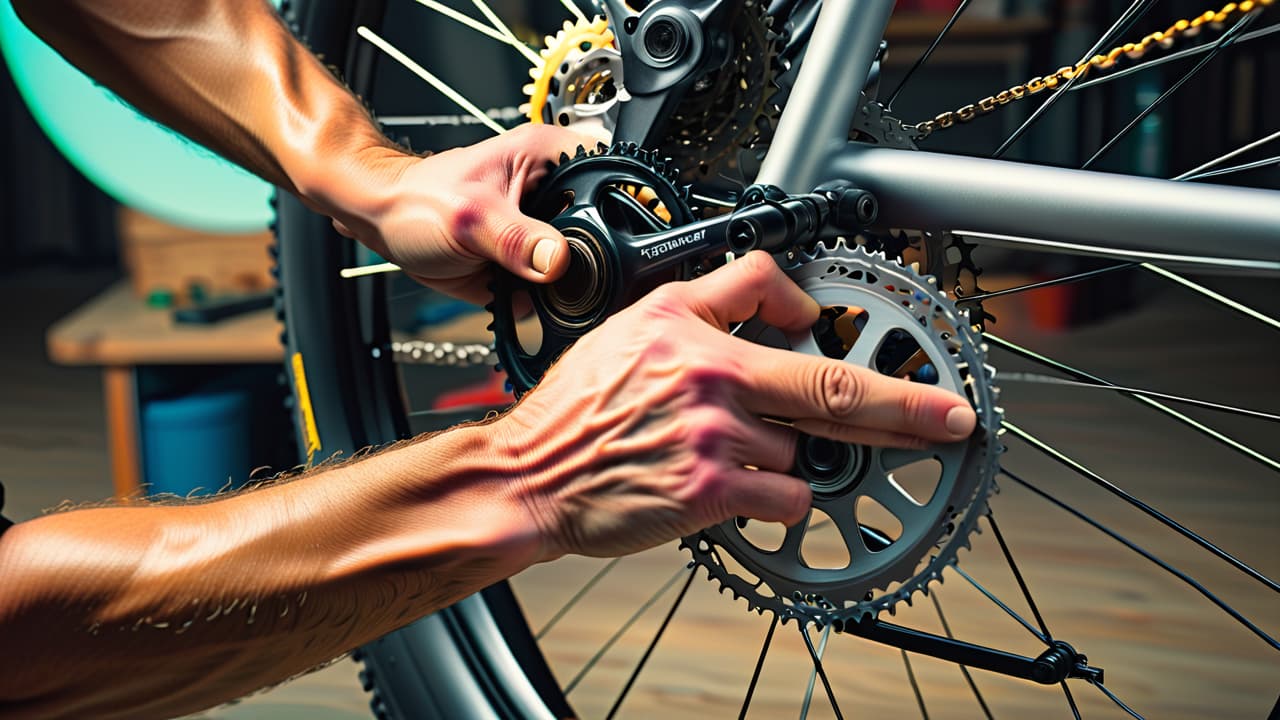  a close up of a bicycle being meticulously serviced in a bright workshop, with tools scattered around, grease on hands, and a focused mechanic examining gears, surrounded by bike parts and maintenance manuals. hyperrealistic, full body, detailed clothing, highly detailed, cinematic lighting, stunningly beautiful, intricate, sharp focus, f/1. 8, 85mm, (centered image composition), (professionally color graded), ((bright soft diffused light)), volumetric fog, trending on instagram, trending on tumblr, HDR 4K, 8K