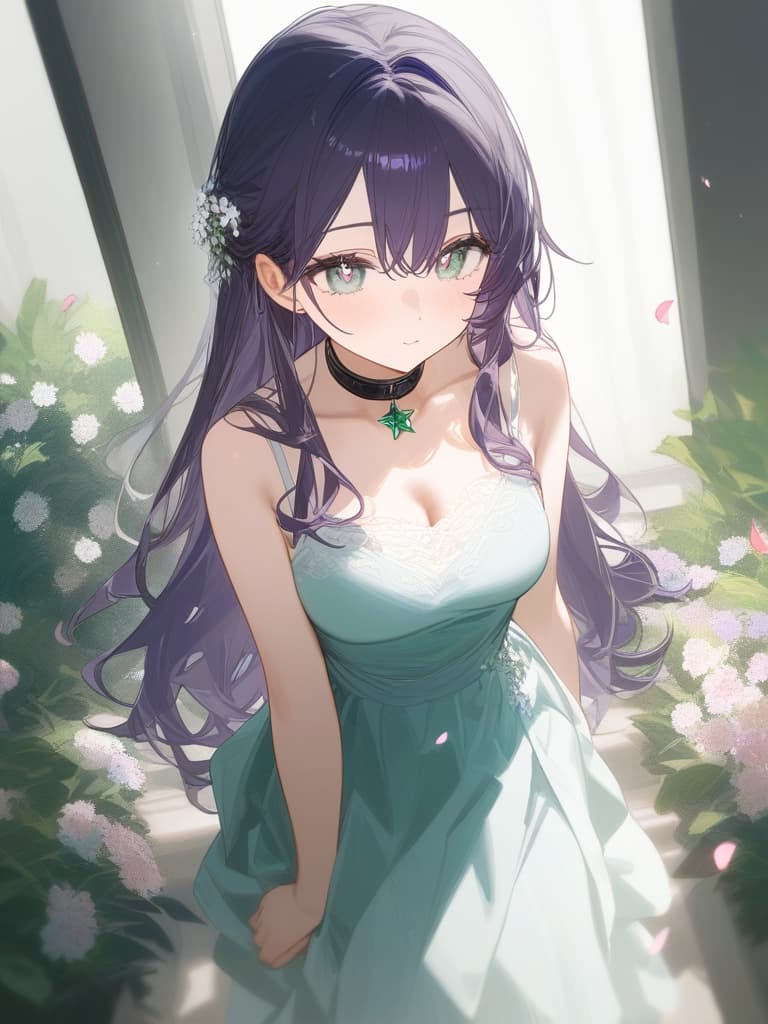  half up style with long hair, high school girl, dark purple hair color, whole body, recorded in the studio, black collar, green to gray gradation eyes, star emerald, five stars of stars, five white pupils. flower decorations of petals, masterpiece, best quality,8k,ultra detailed,high resolution,an extremely delicate and beautiful,hyper detail