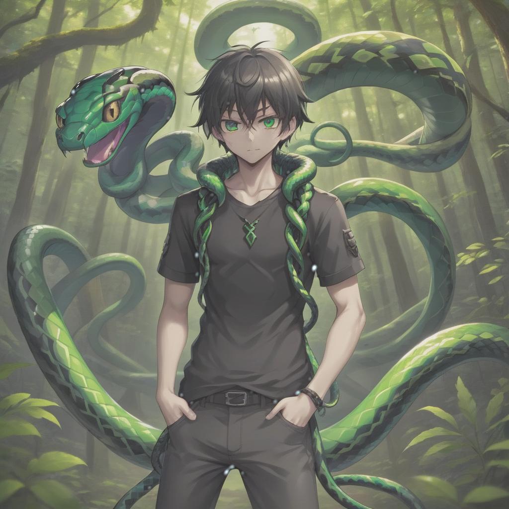  anime artwork anime man with a green snake around his neck with snake eyes, the main colors are black and green, in the forest . anime style, key visual, vibrant, studio anime, highly detailed, t shirt design